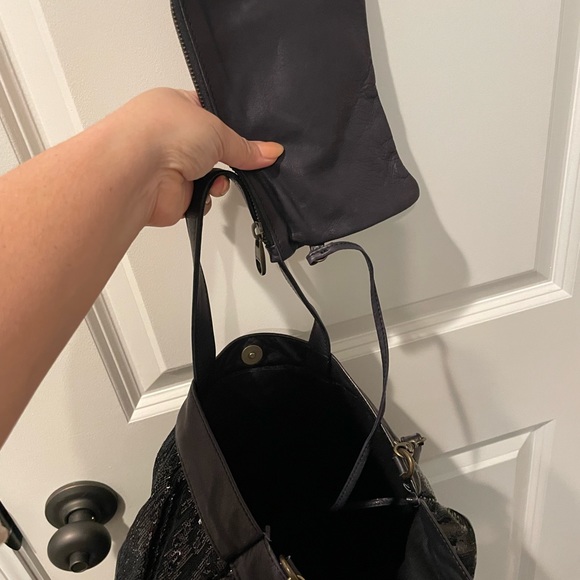 RED VALENTINO | Black Leather and Canvas Ruffled Sequin Lg Tote Bag - Picture 6 of 8